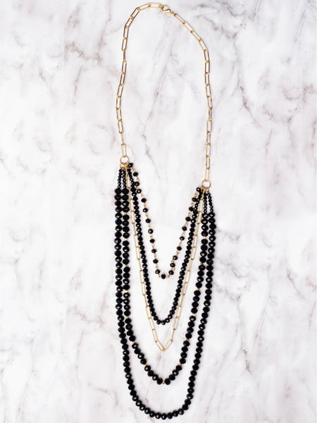 Late Night in New York City Black Crystal Layered Gold Linked Necklace