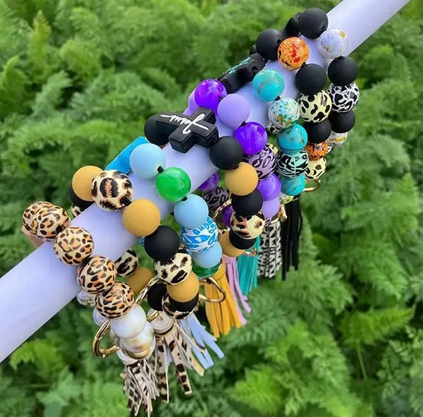 Leopard Beads Cross Tassel Keychain